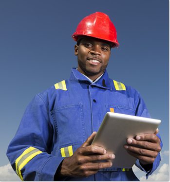 Construction worker with mobile construction software on iPad
